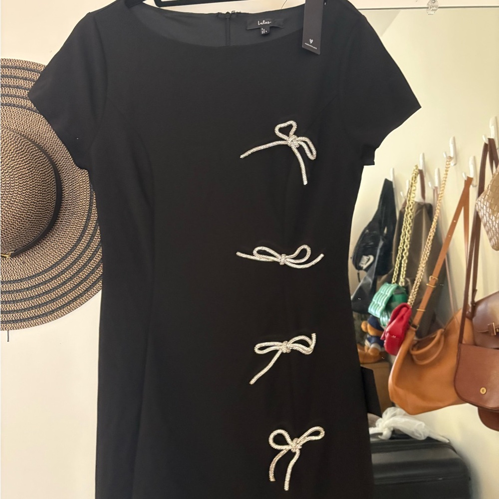 Lulus Black Sparkle Rhinestone Bow Mini Dress